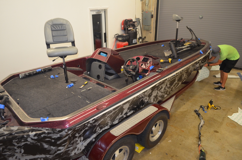 during camouflage fishing boat wrap